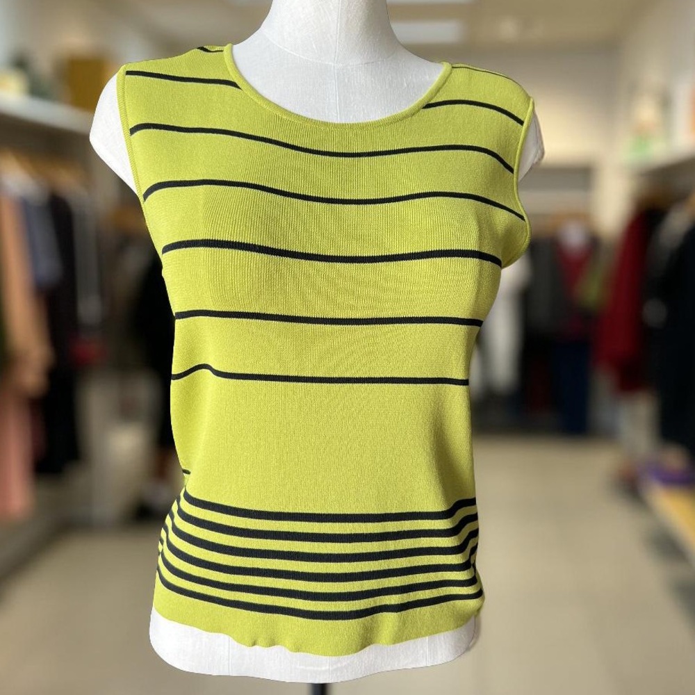 Apple Green and Black Striped Sleeveless Sweater Top - Petite Large